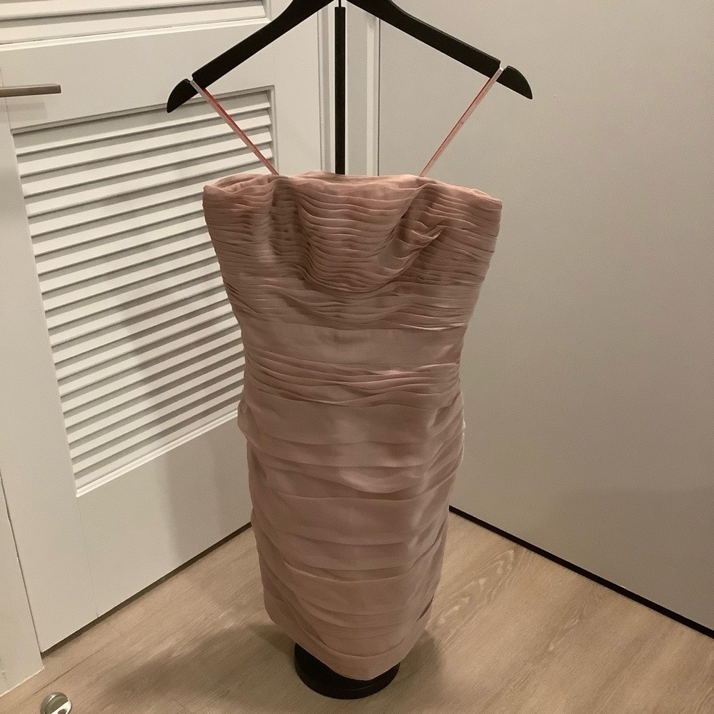 Monique Lhuiller Pale Pink Pleated Strapless Dress Piping Cocktail Evening 6